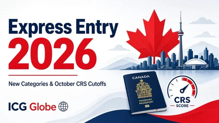 Express Entry 2026 banner by ICG Globe: new categories and October 2026 CRS cutoffs, with a Canadian passport, CRS score gauge and the Toronto skyline